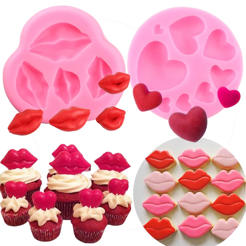 2 PCS Sexy Kiss Silicone Mold Red Lips Love Heart Cupcake Topper Fondant Molds Cake Decorating Tools Candy Clay Chocolate Moulds