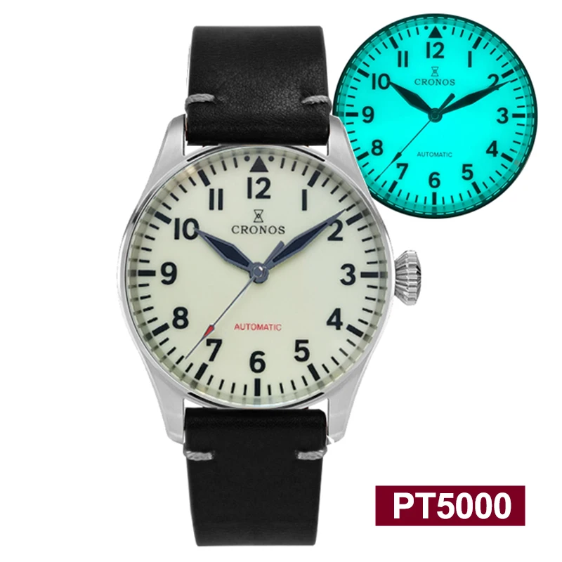 

Cronos Mens Pilot Mechanical Watch BGW9 Luminous Sapphire Crystal 316 Stainless Transparent Case Waterproof Copper Hands Watches
