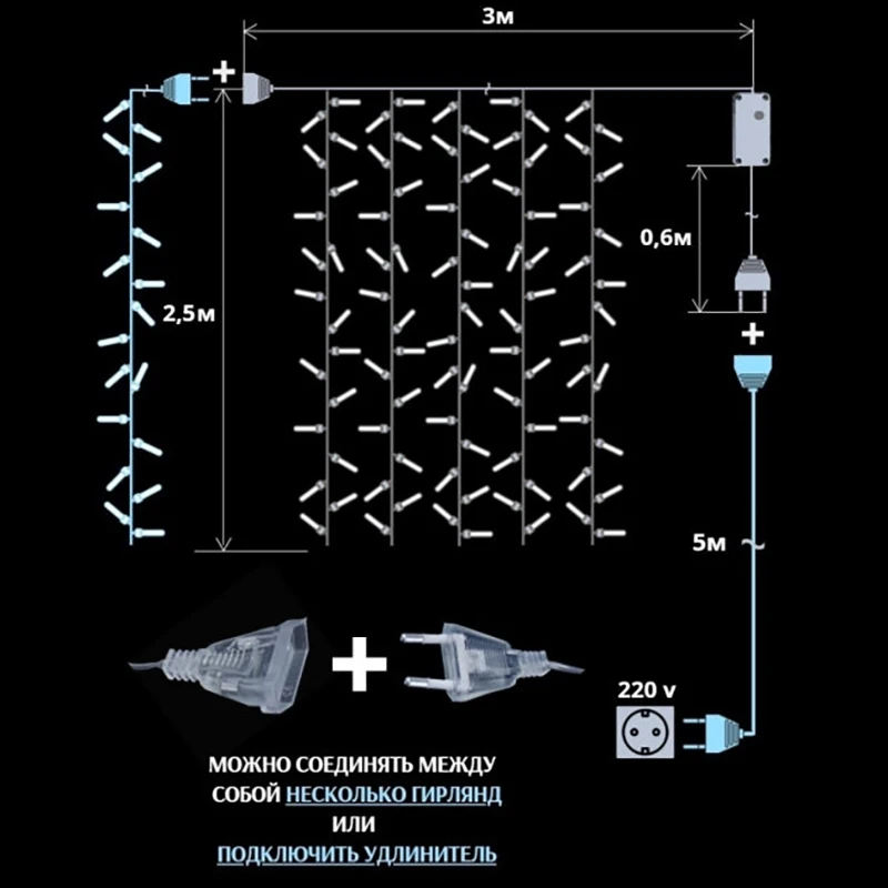 Новогодняя светодиодная гирлянда Штора / Занавес Дождик с контроллером и