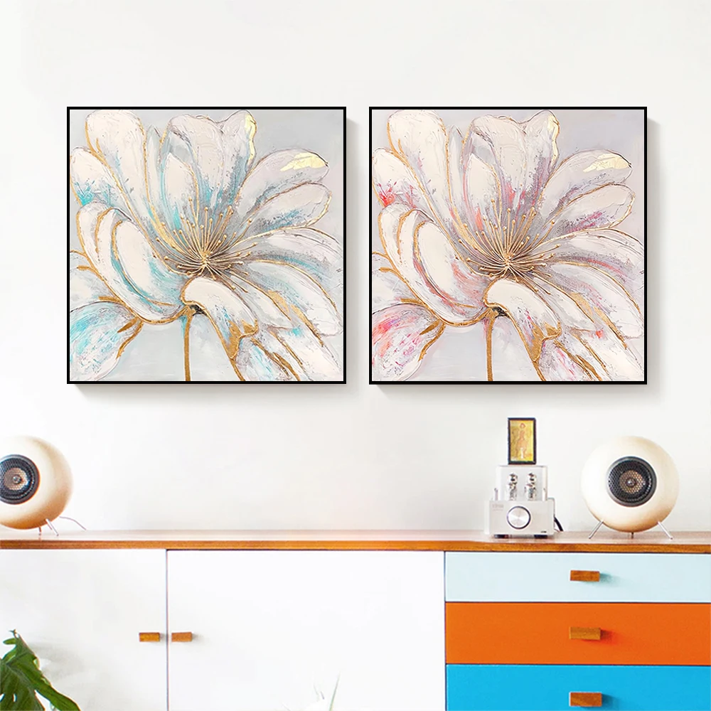 

Modern Blue Pink Golden Flower Canvas Painting Poster Wall Print Nordic Home Decorate Picture Suitable For Living Room Frameless