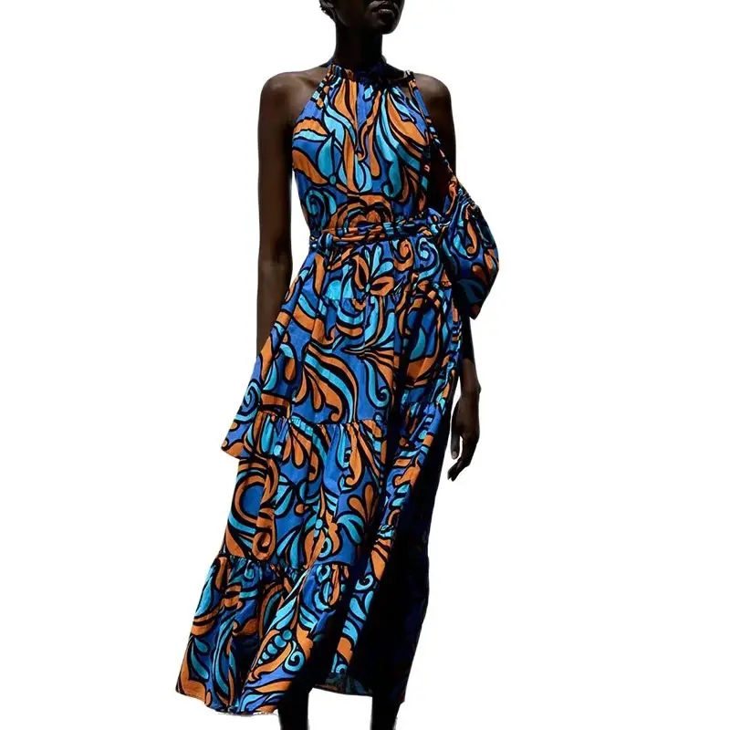 

2021 summer women's lace-up printed mid-length dress high waist drape beach party sexy female oversized robe retro casual