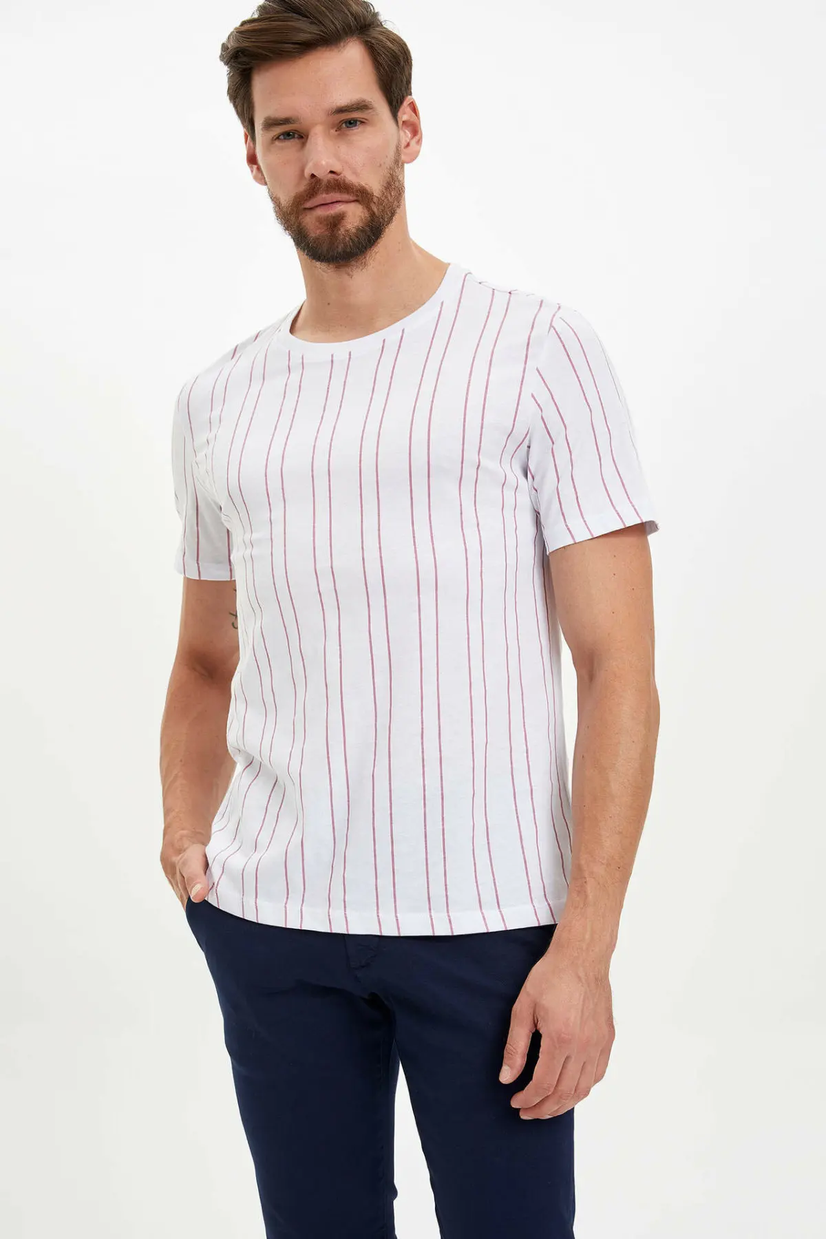 DeFacto мужские летние повседневные белые футболки полосатые топы с круглым вырезом