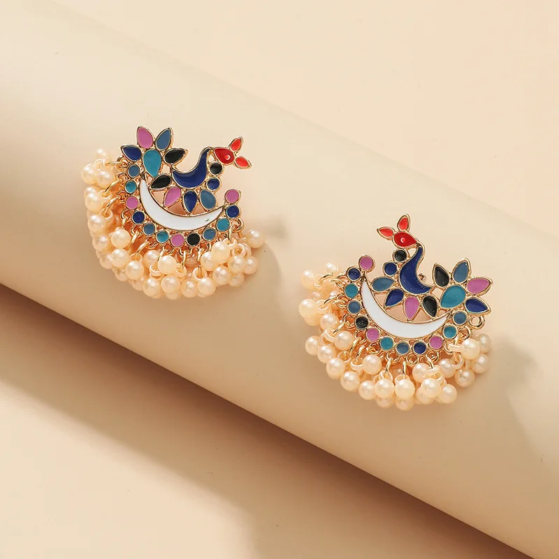 

Vintage Court Japan Korean Earrings For Women Handmade Sweet Simulated Pearl Jewelry Pendientes Gifts Peacock Fan Shape