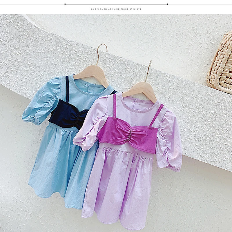 

Children Clothing Summer New Girls Fake 2pcs Korean Dresses Children Cotton Princess Dress