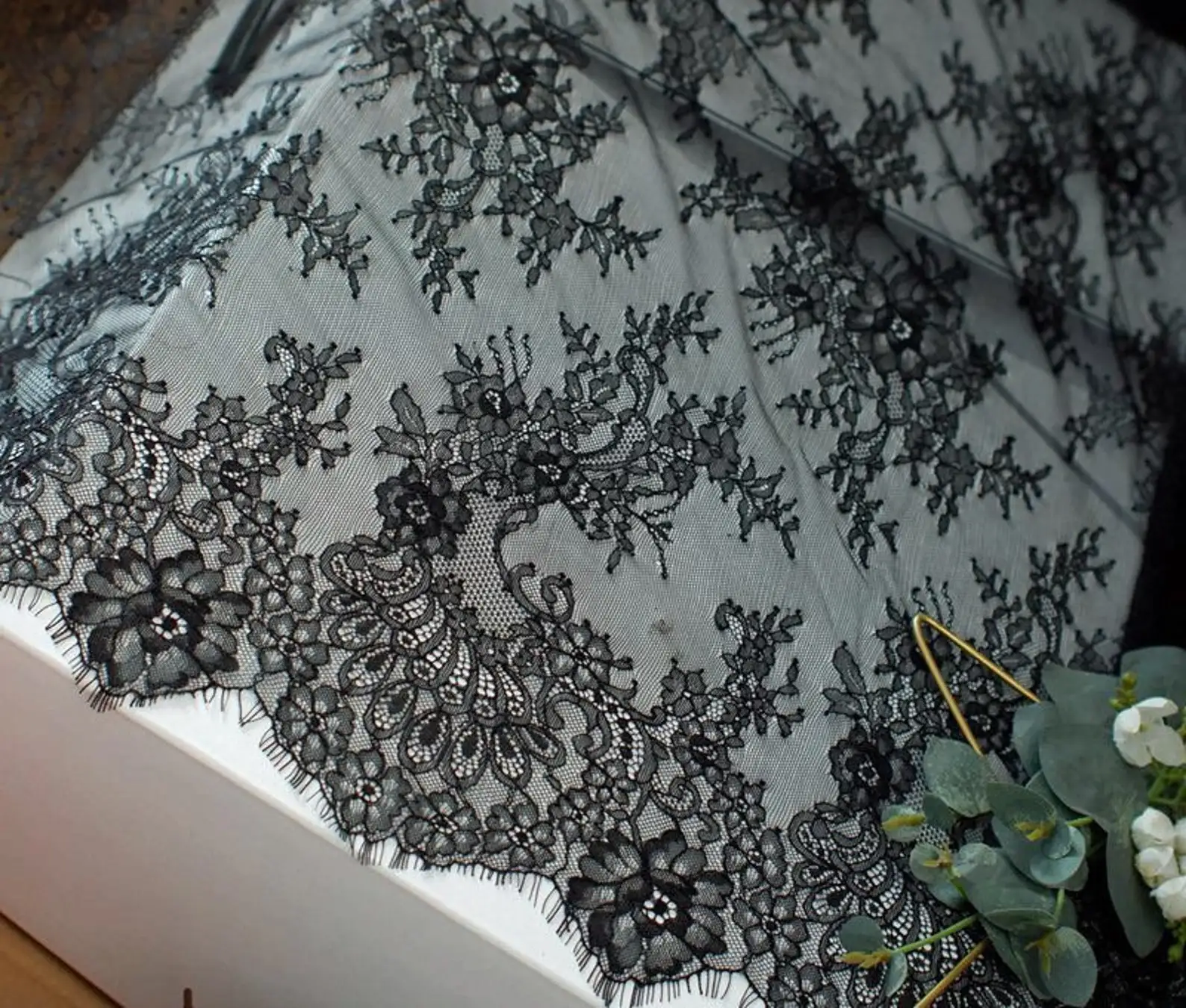 

3 Yards Black French Lace Trim, Double Motif Lace Trim With Eyelash Fringe