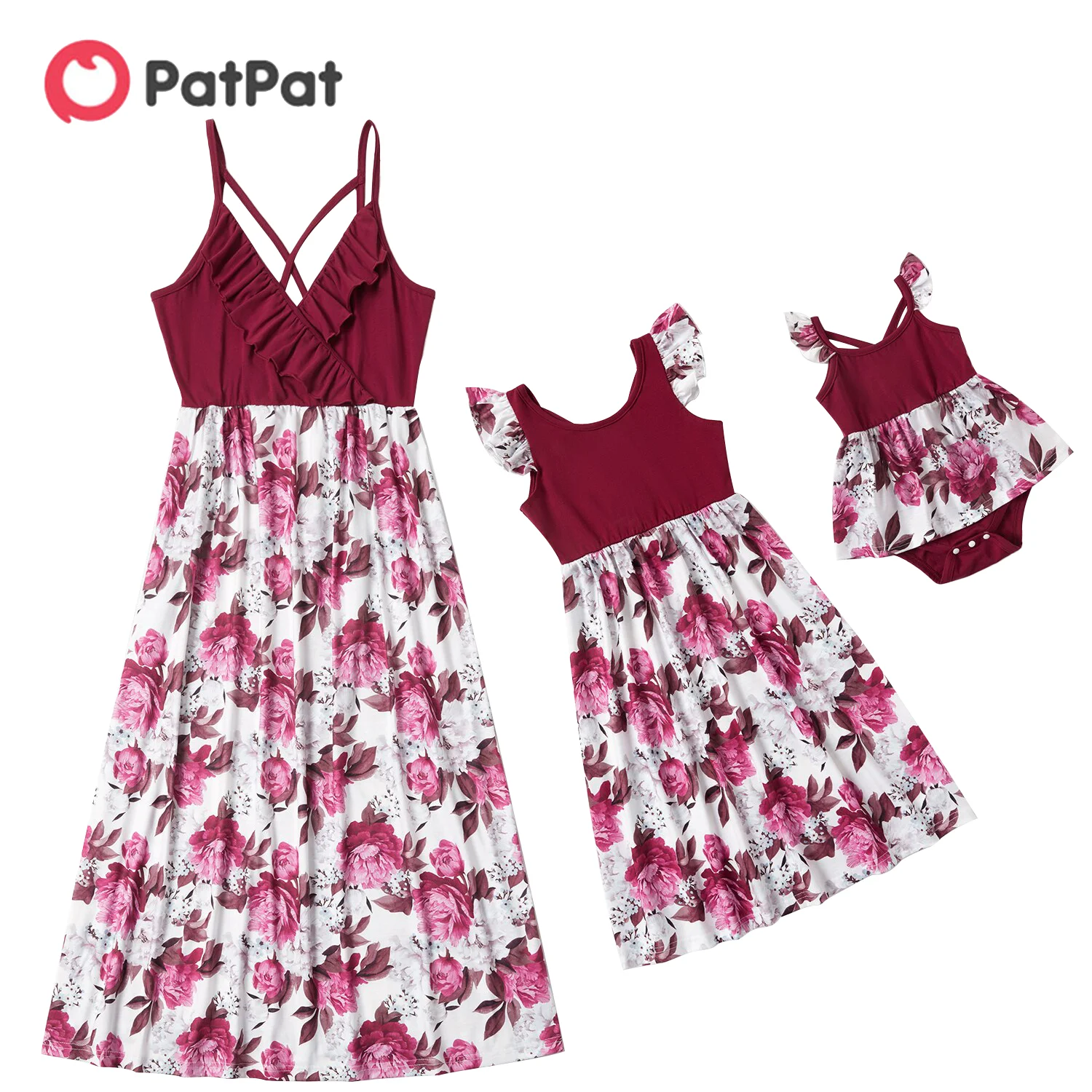 

PatPat 2021 New Summer Mommy and Me Floral Print Splice Solid Tank Dresses