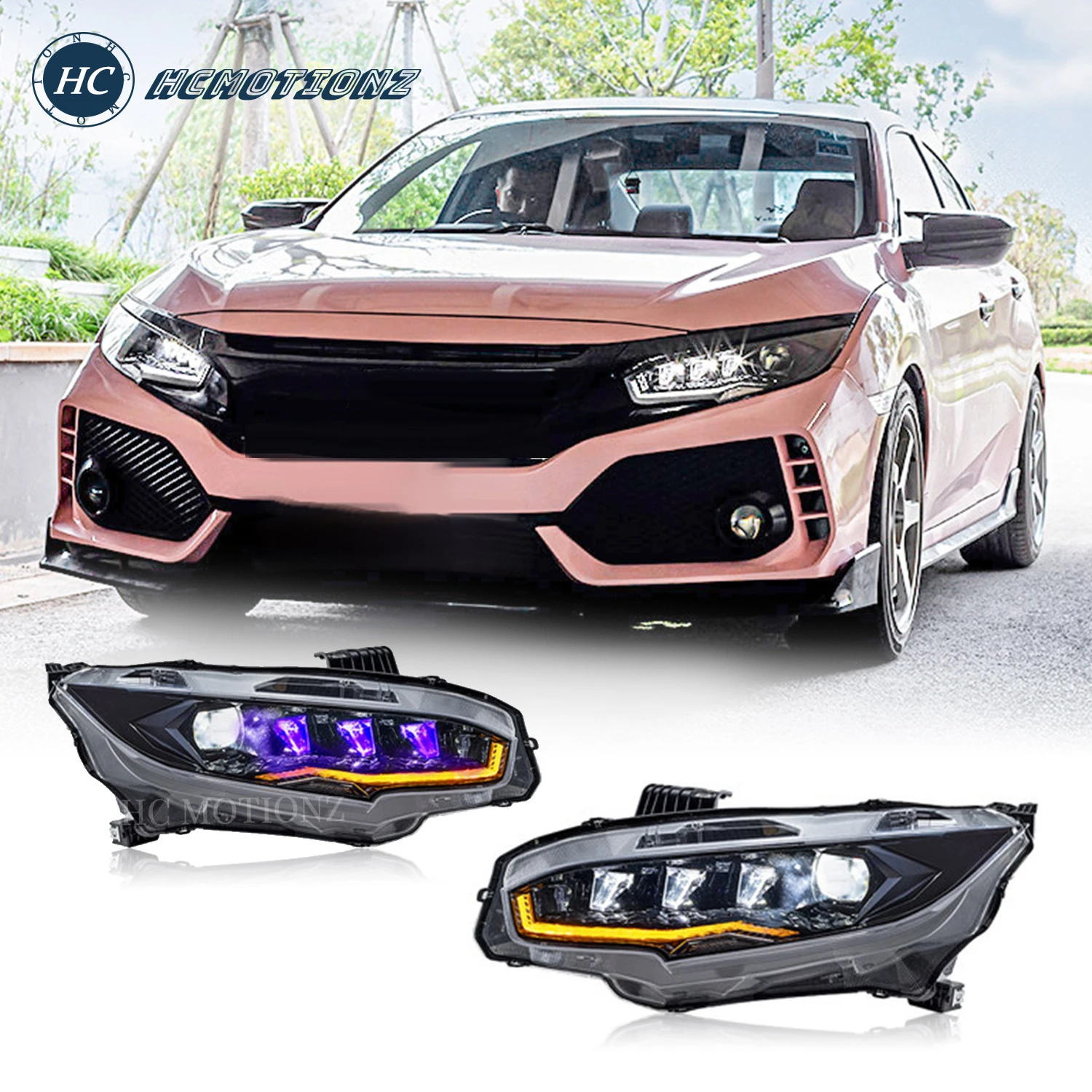 

HCmotion Car LED 10th Gen Headlights 2016-2021 Headlights for Honda Civic Purple Star Diamond Animation Sequential Front Lamps