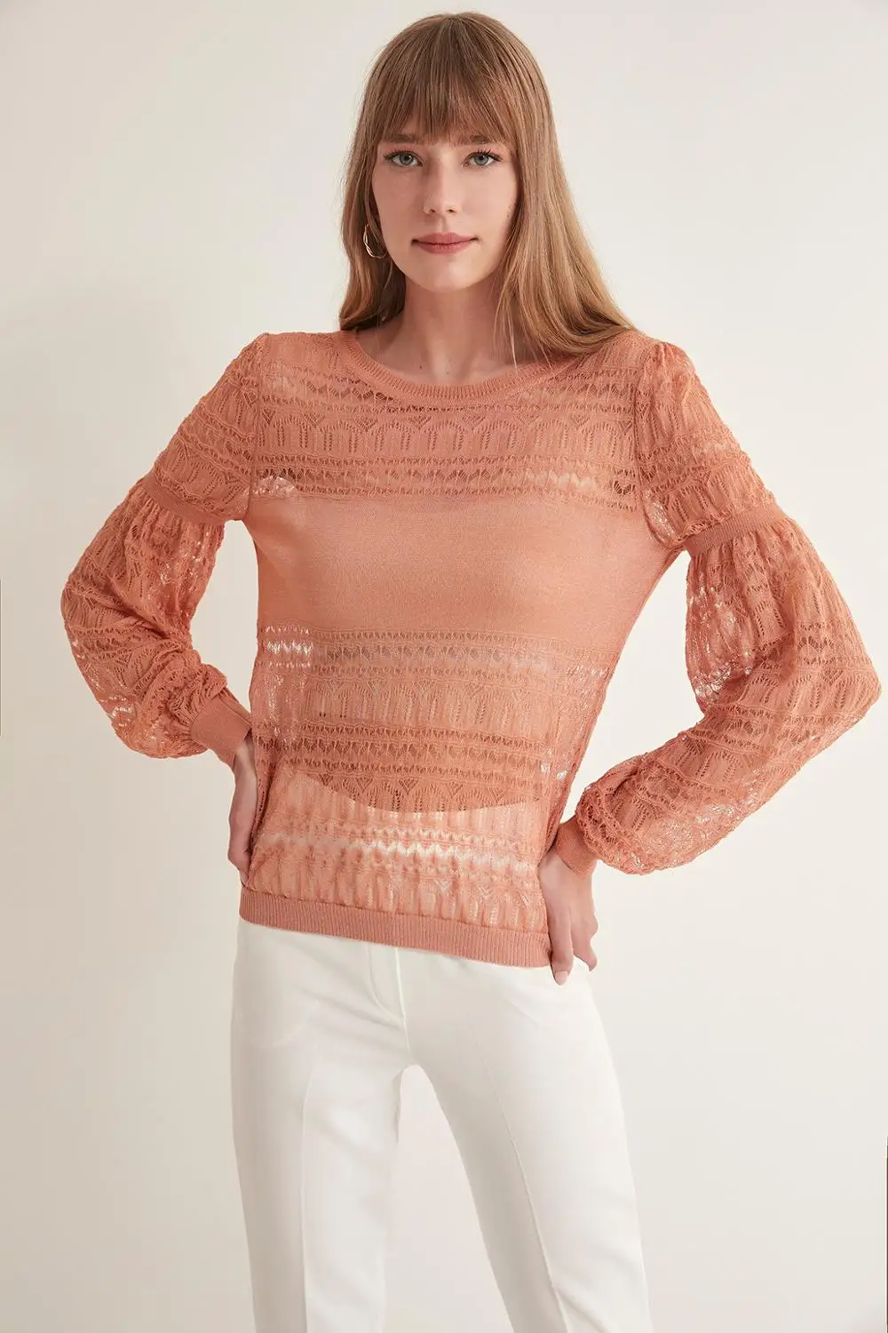 AJURLU TRANSPARAN BALLOON SLEEVE KNITWEAR BLUZ