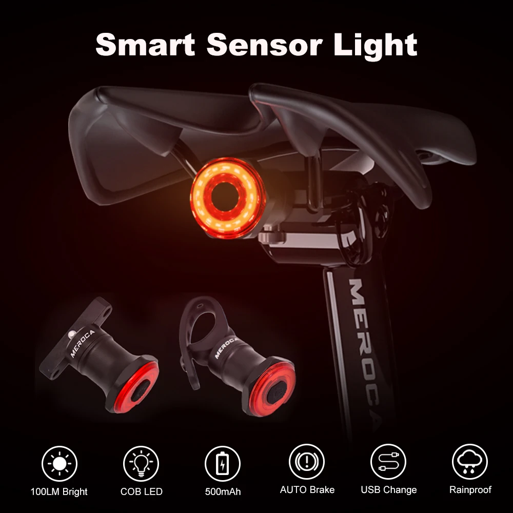 

MEROCA Bike Sensor Rear Light Smart Tail Light Brake Bicycle Light USB Rechargeable LED Cycling Taillight IPX6 Bike Accessories