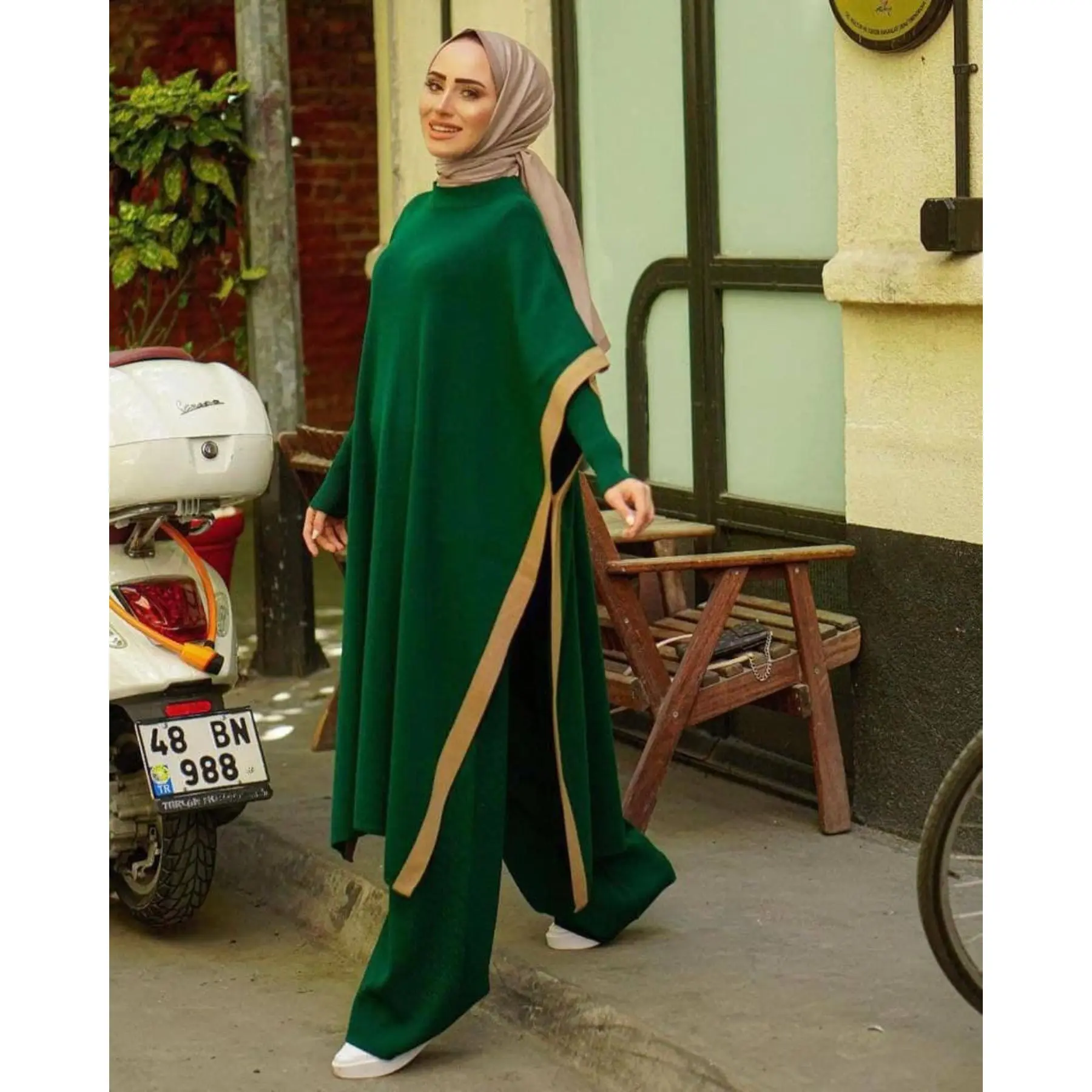 3 Piece Big Size Women's Set Bat Wing Sleeve Top Tunic+ Knitted Sweater + Baggy Pant Triple Suit Knitwer Muslim Fashion Turkey