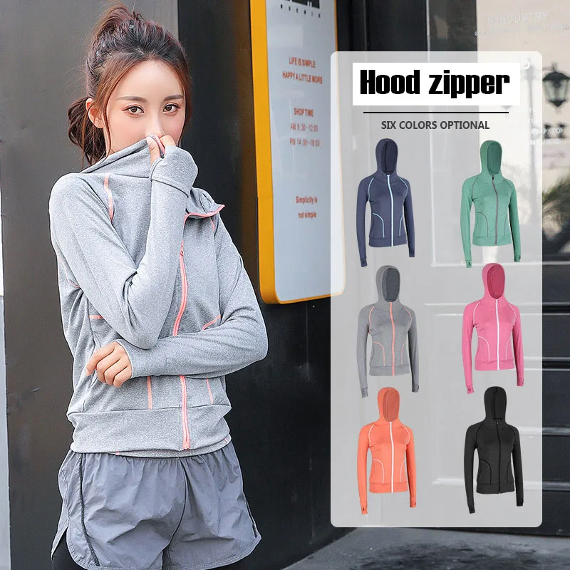 Women Running Jackets Long Sleeve Hooded Yoga Shirts Sport Outdoor Coat Zipper Sweatshirts Gym Fitness Tops Ladies Sportswear