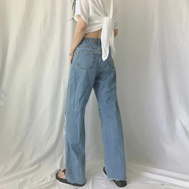 

Y2K High Waist Big Hole Mom Jeans Women Straight Cargo Pants Wide Leg Casual Hip Hop Streetwear Asymmetric Boyfriend Denim Jeans