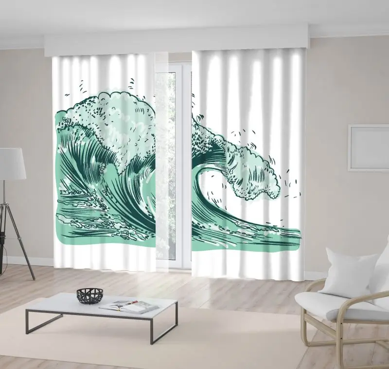 

Curtain Ocean Waves Cartoon Summertime Adventure Nature Theme Light Green Monochrome Artwork Printed