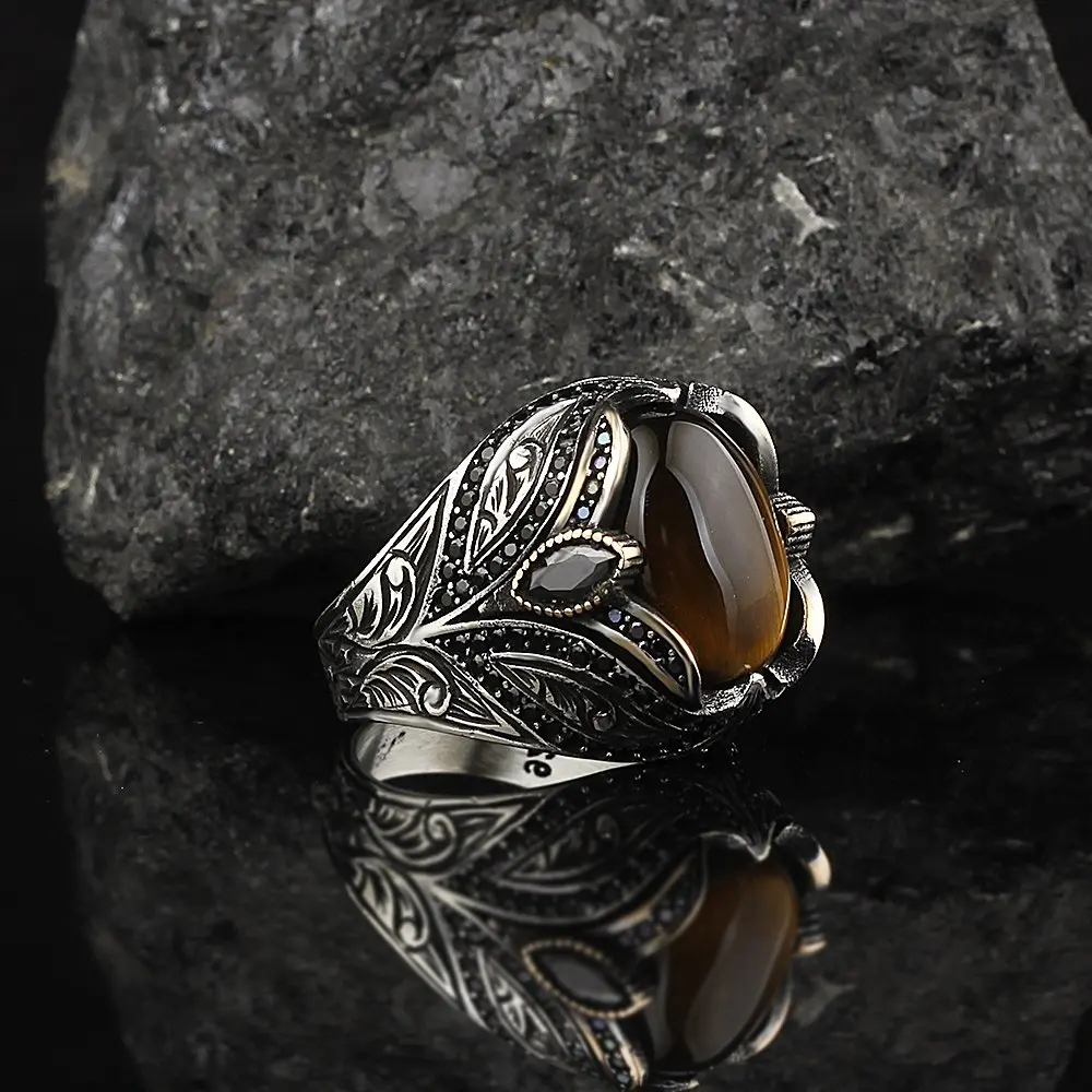 Free Shipping MEN 'S 925 Sterling Silver Ring, Tiger 'S Eye Stone Men 'S Gift Jewelry, Real Natural Stone, made in Turkey, Fashion