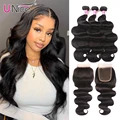 Unice Hair Peruvian Weaving With Closure 8-30" Human Hair Bundles With Closure 4PCS Natural Color Body Wave Bundles With Closure