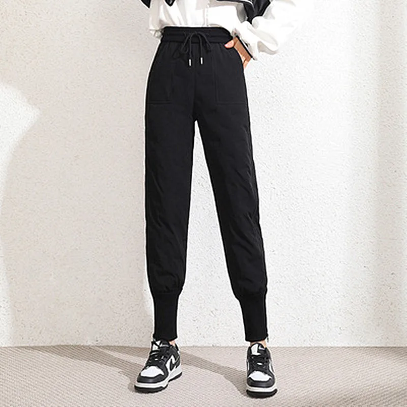 

Womens Winter Down Pants 2021 Korean Outdoor Elastic Drawstring Side Zipper Bundled Feet Cargo Cotton Pants