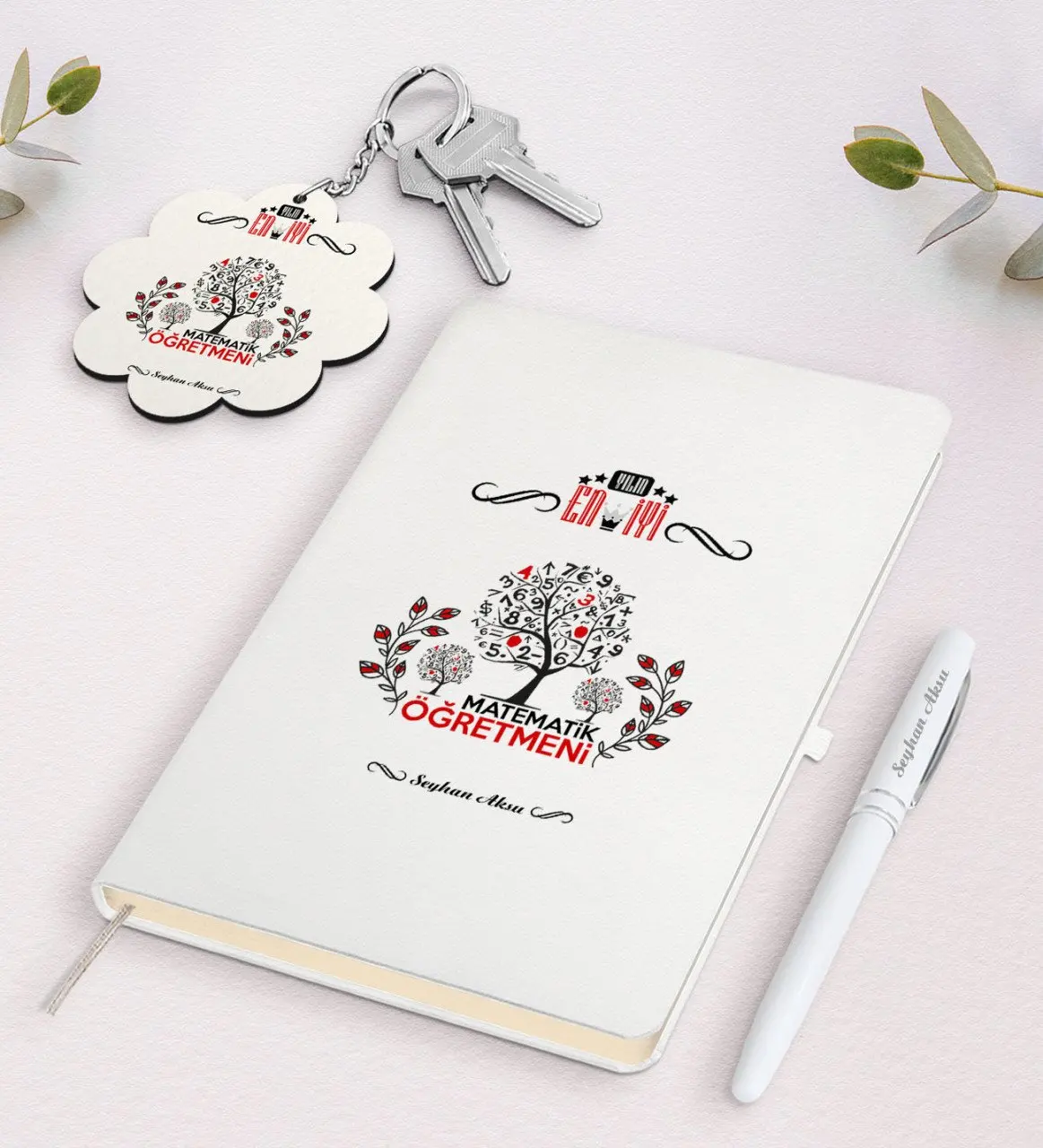 

Personalized The Year 'S Best Math Teacher White Notebook Pen and Keychain Gift Set Reliable Quality Gift Daily