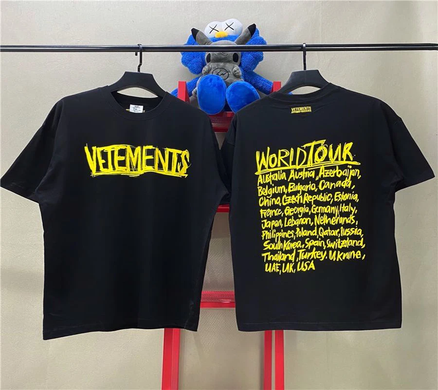 

2021 Vetements T-Shirt Graffiti Yellow Letters World Tour City Coordinate Tee Men Women high Quality Casual Cotton VTM T-shirts