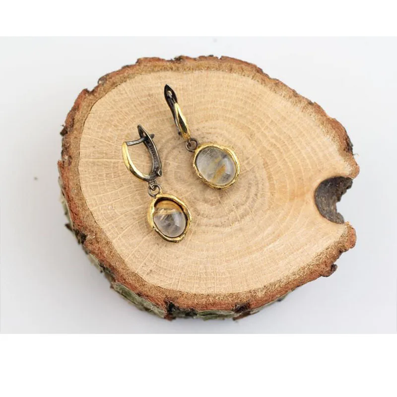 

Women Oval Quartz Earring, Oval Handmade Silver Gold Plated Yellow Quartz Special Design Gift Earrings
