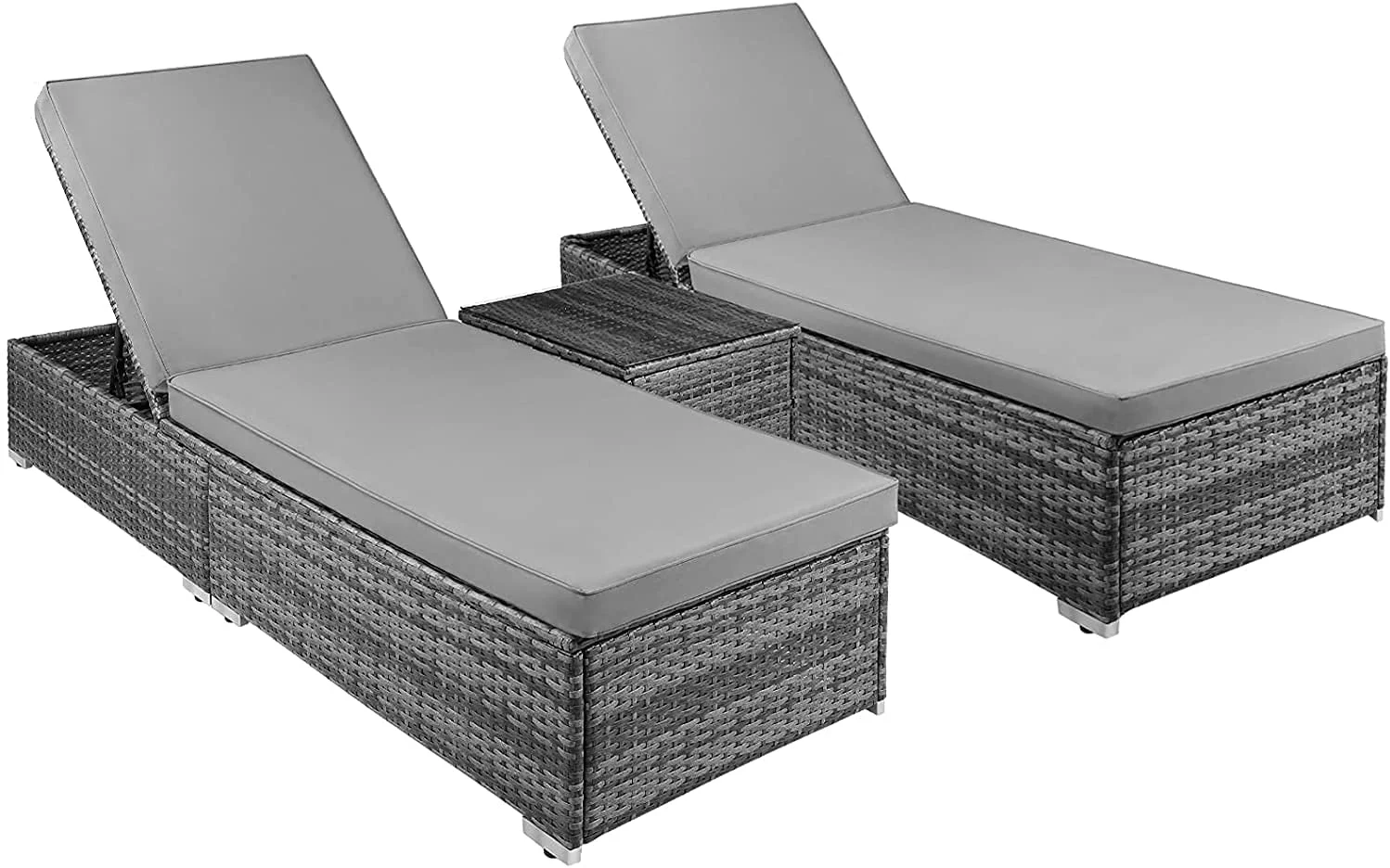 

Rattan sun loungers, 3 piece rattan recliner chaise lounge set, 5 adjustable backrest, 8cm cushions, coffee table, sun bed