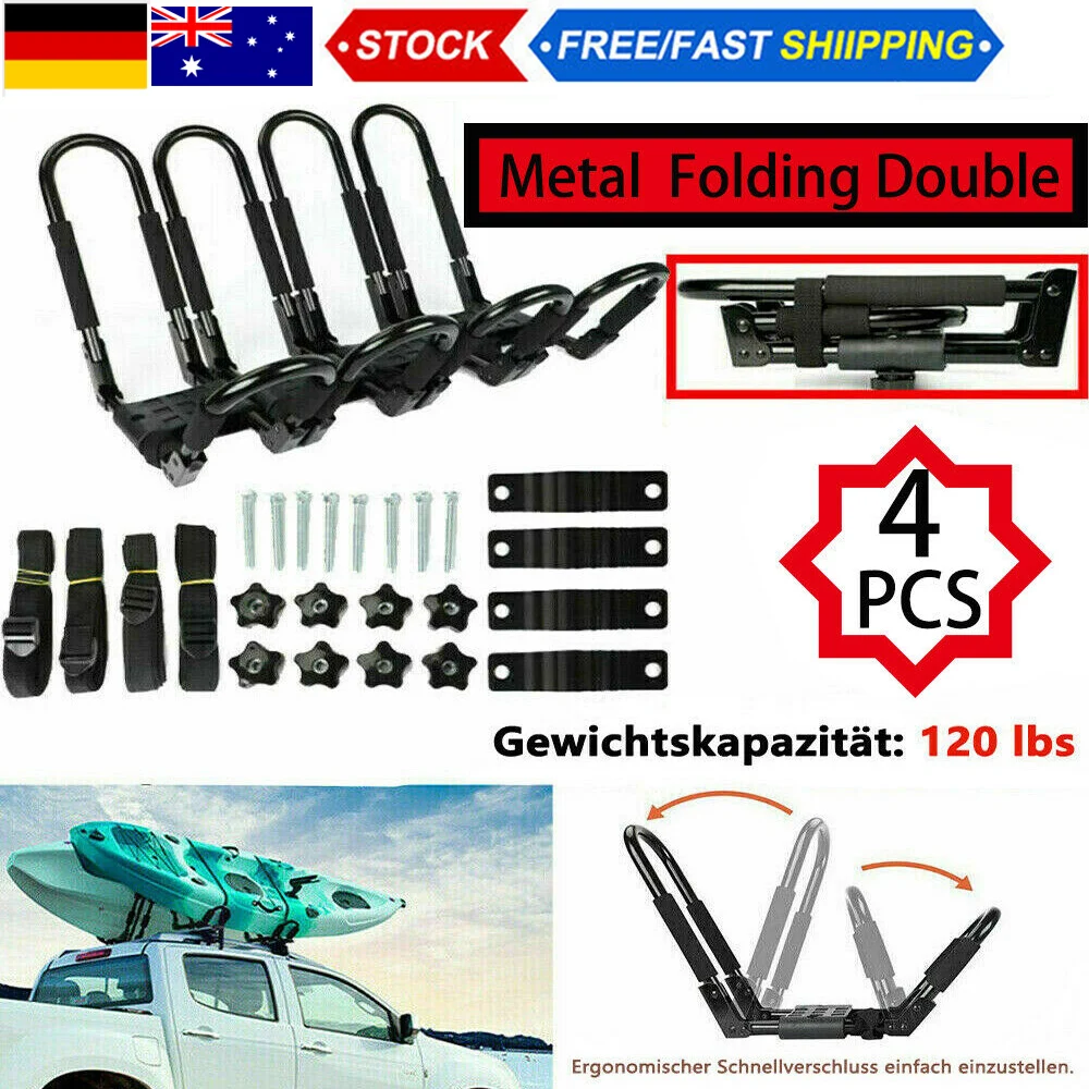 

Universal 4 PCS Foldable Heavy Duty Kayak Rack Roof Kayak Carrier Canoe J-Bars Canoe Roof Rack, Luggage Rack,With Straps