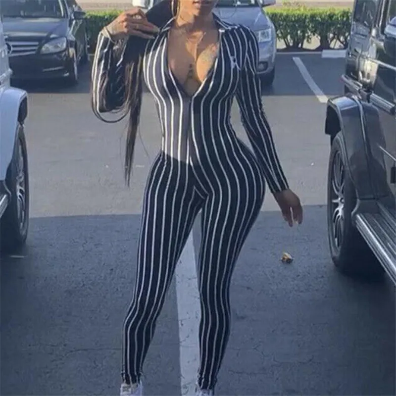 

Sexy Women's Bodycon Jumpsuit New V-neck Geometric Printed Leotard Bodysuit Long Sleeves Autumn Clubwear Long Trousers Playsuit