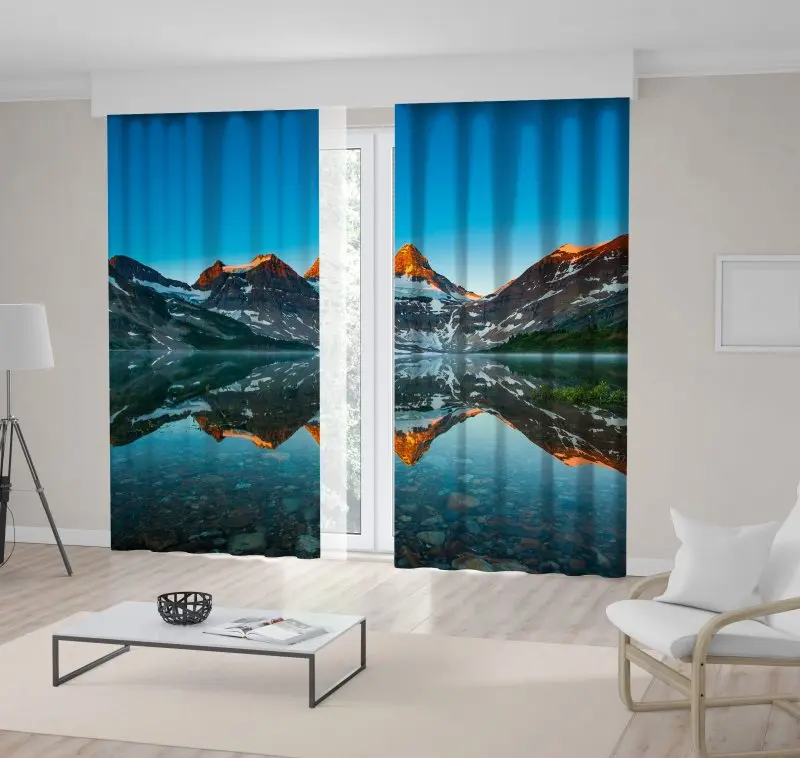 

Curtain Reflection of Mount Assiniboine Magog on Lake Sunrise at Alberta Canada Landscape Blue Orange Green