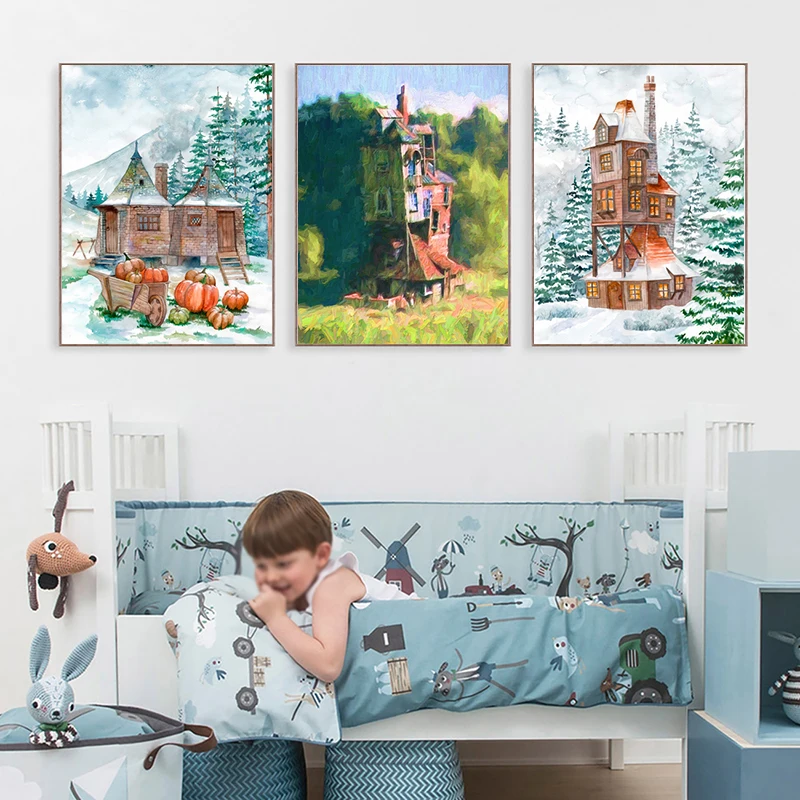 Картина маслом The Burrow плакат на стену дом Weasley картина зимний Фэнтези