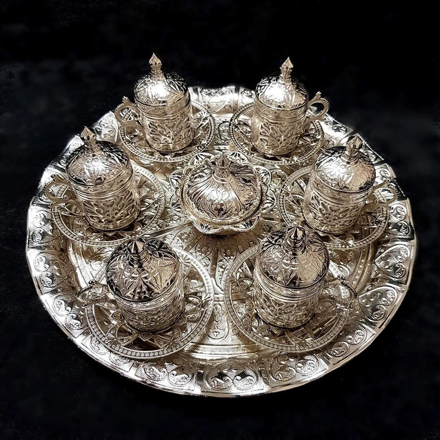 

Coffee Set: Set of 6 Turkish Coffee Cups, Sweet Plate, Silver Copper | Copper Turkish Coffee Set with Ottoman Cups | Set of 6