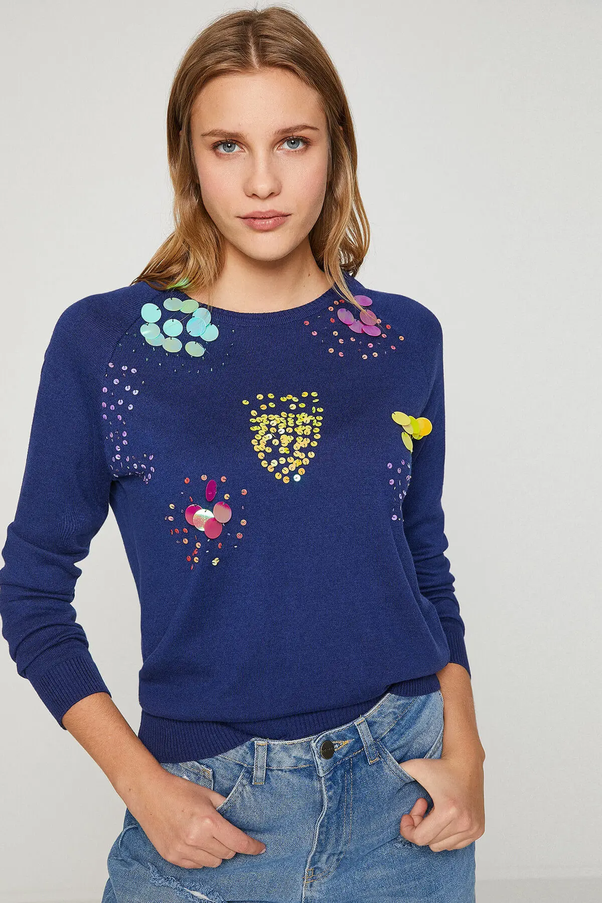 Koton женский темно-синий свитер с блестками 8 YAK92363HT |