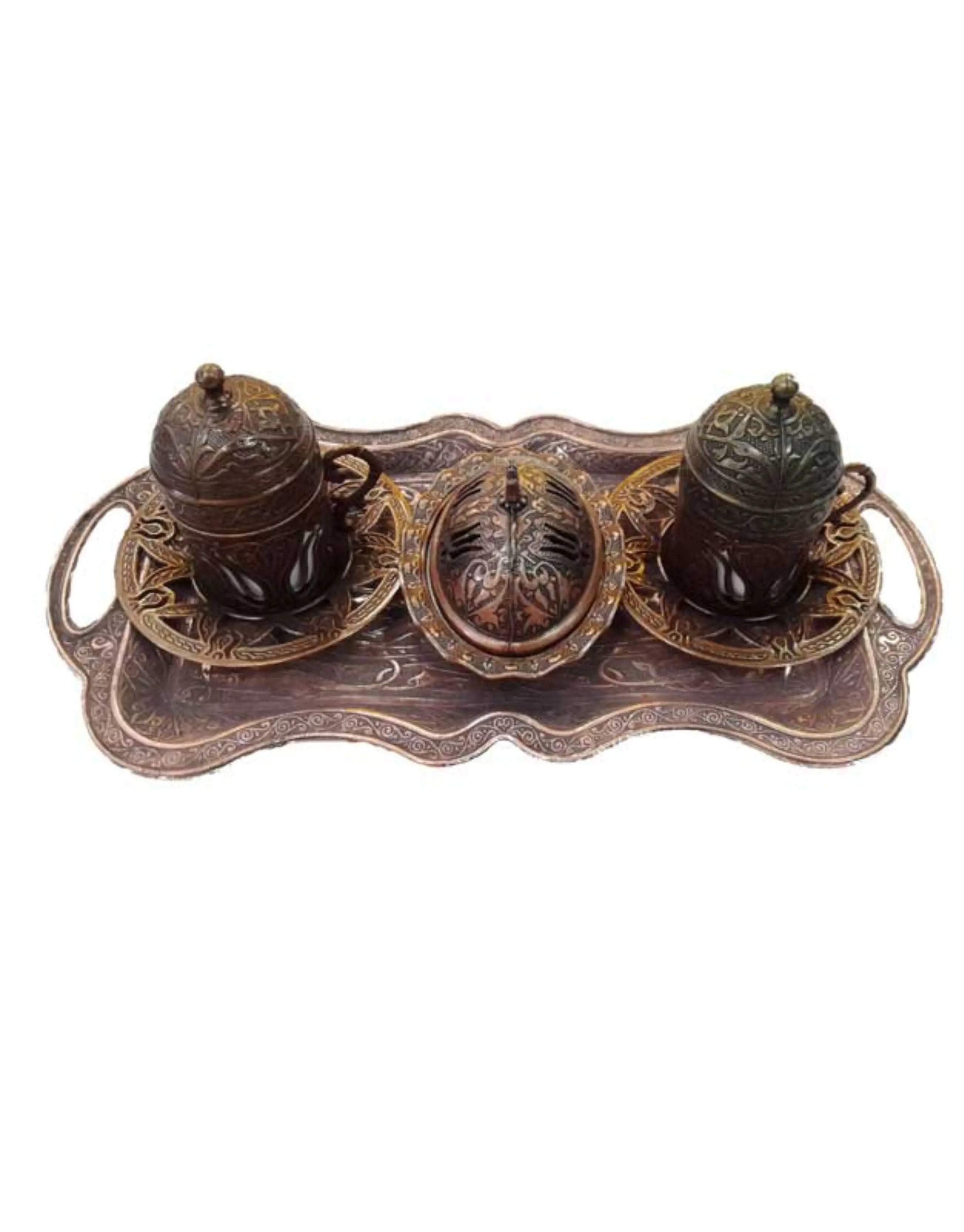 

Handmade authentic Design Turkish Greek Arabic Coffee Espresso Set for 2 Service, Cups Saucers Lids Tray Delight Candy Dish GIFT