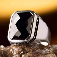 silver mens ring with black zircon stone fashion turkish premium quality handmade jawelery