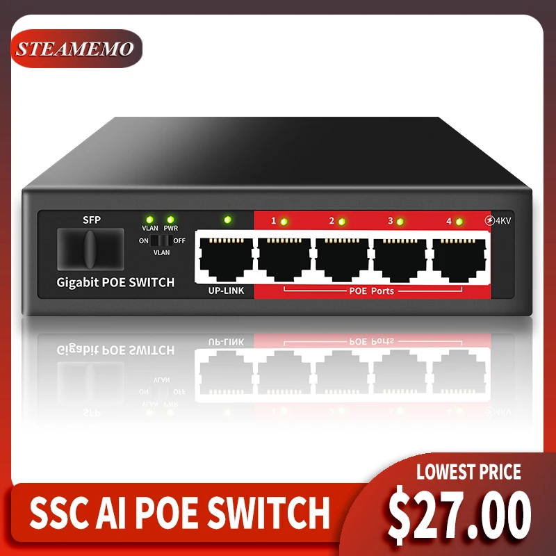STEAMEMO Gigabit 4 Port PoE Switch 48V Built-in Power 52W Ethernet Switch Network For IP Camera & Wireless AP