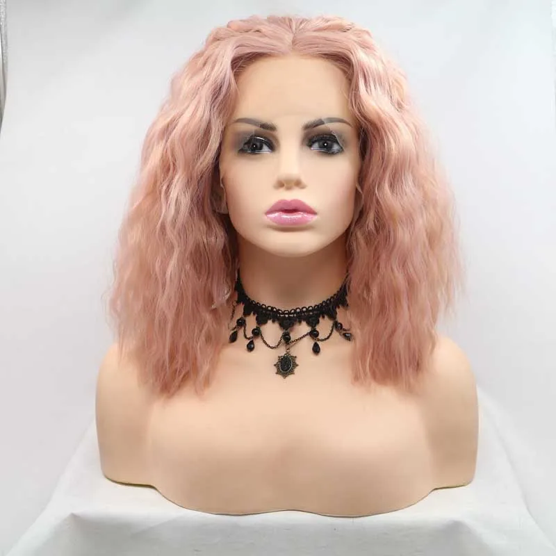 

Pink 16 Inch Long 180 Density Curly Synthetic Lace Front Wig For Black Women With Babyhair Preplucked Daily Cosplay