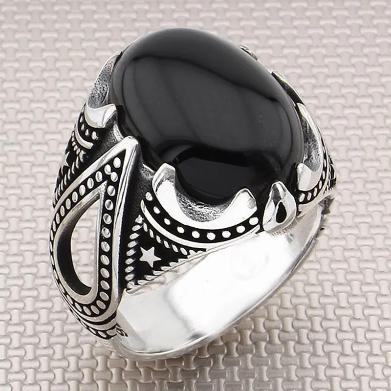 

Drop Design Motif Black Onyx Tiger Eye Agate Zircon Stones 925 Sterling Silver Ring For Men's Turkish Jewelry All sizes