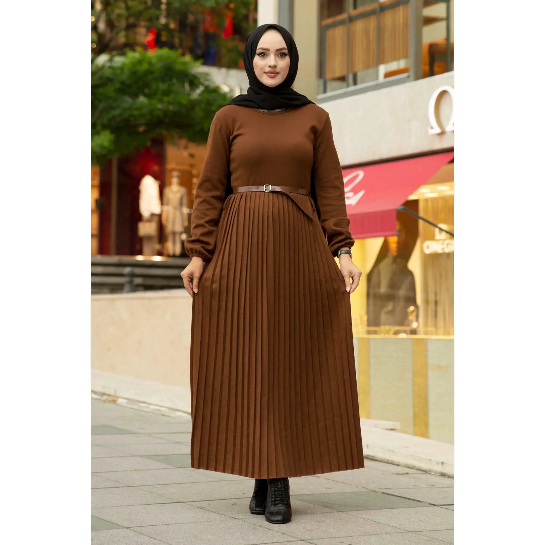 "Женское платье макси с поясом, плиссированная юбка с длинными рукавами, мусульманское модное платье, Турция, Дубай, абайя 2021"