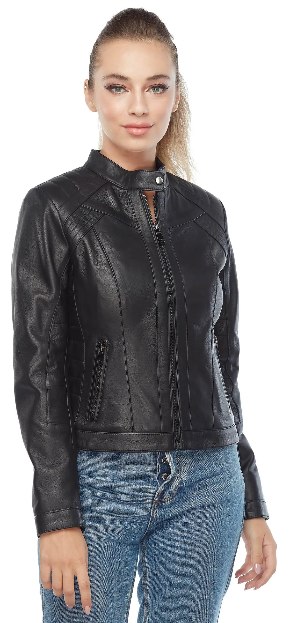 Женская куртка из натуральной овечьей шкуры Байкерская облегающая большого