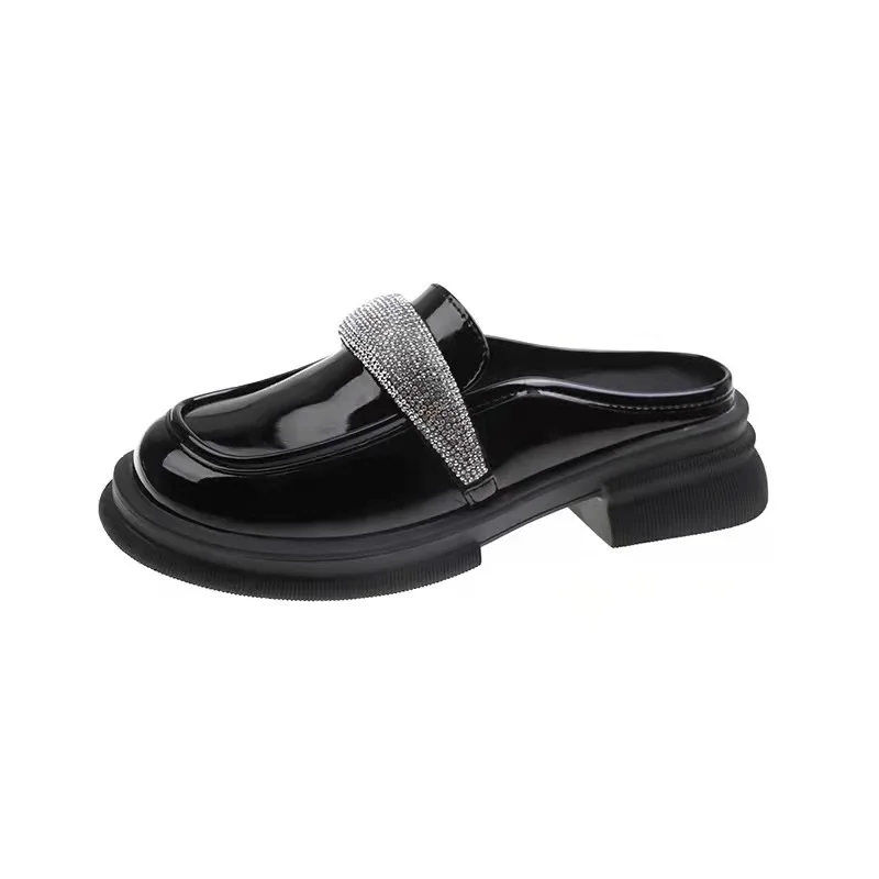 

British Style Patent Leather Platform Sandals Women 2022 Summer Fashion Rhinestone Mules Shoes Thick Bottom Toe-covered Slippers