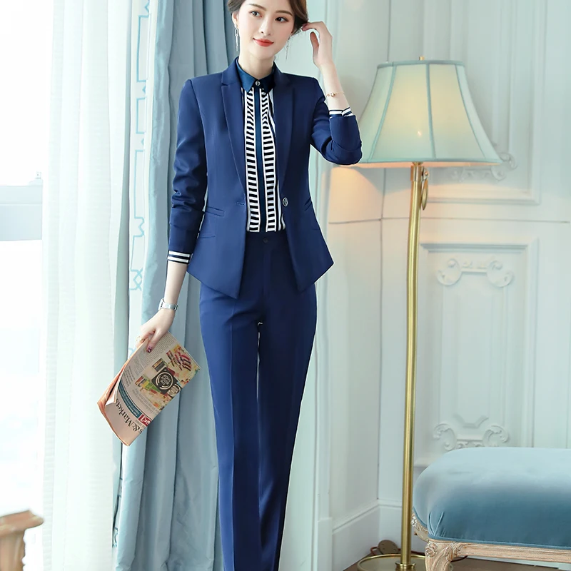 Женский деловой костюм Lenshin блейзер и штаны из гладкой ткани Офисная форма