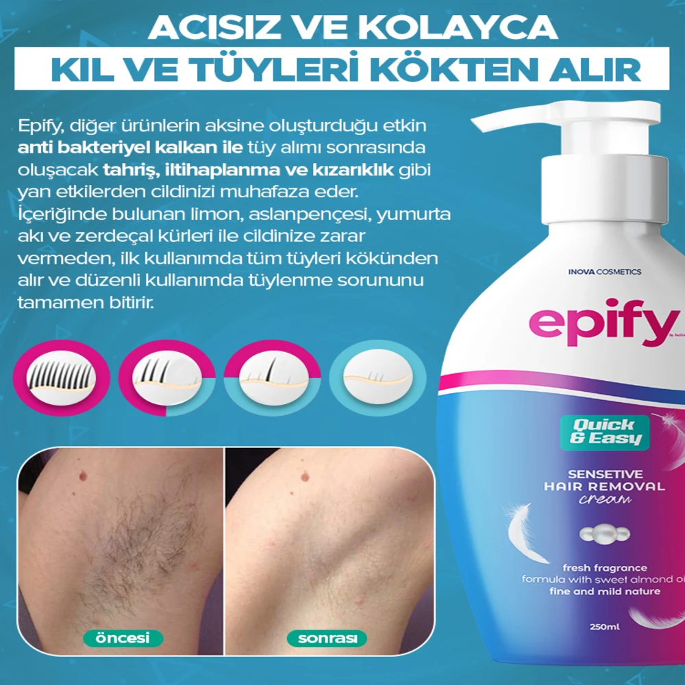 

Epify Depilatory Cream Depilatory Cream uses thickening of the hair thanks to gel technology Gel Depilatory Gel All GEL used