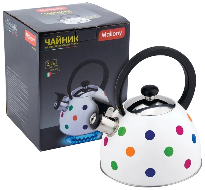 Чайник металлический со свистком MAL 0403 2 2л ручка прорезиненная горошек Mallony