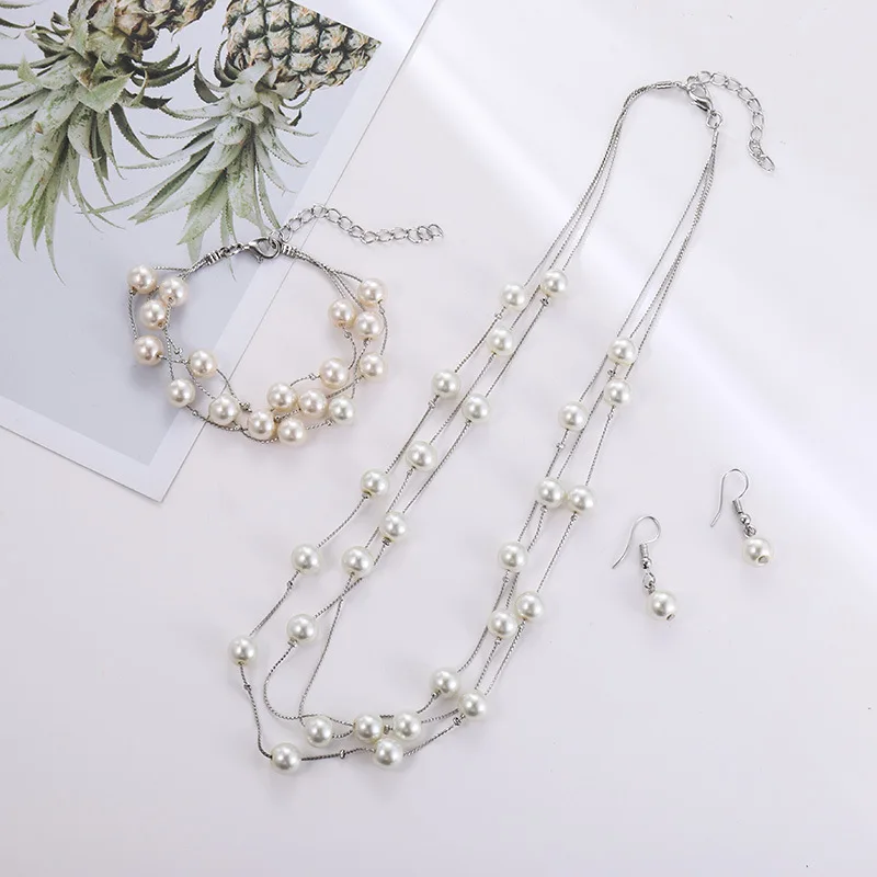 1 Set Simulated Pearl Beaded Multilayer Necklace Dangle Earrings Bracelet Korean Fashion Bridal Wedding Accessories Jewelry | Украшения и