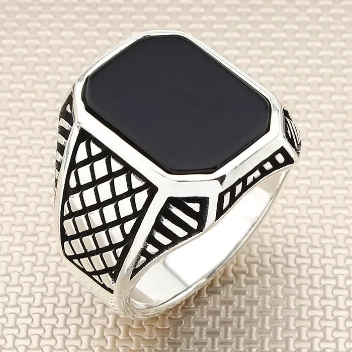 

Vintage Oxidized Rectangle Black Onyx Stone Men Silver Ring Made in Turkey Solid 925 Sterling Silver
