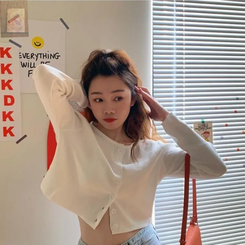 

Korean Style O-neck Cardigan Short Knitted Sweaters 2021 Women Thin Cardigan Sleeve Sun Protection Crop Top Ropa Mujer Hot Sales