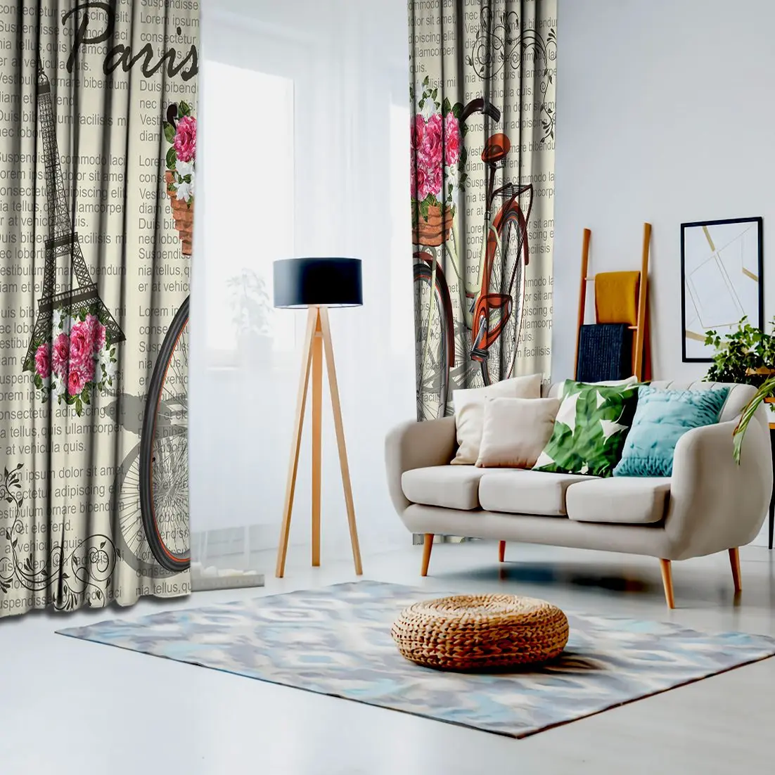 Занавес велосипедная корзина заполненная розами Эйфелева башня Париж