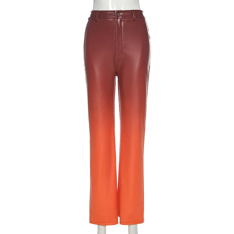 

Y2K Gradient Color Faux PU Leather Women Straight Pants Vintage Spring Fall High Waist Vintage Streetwear 2021 Casual Trousers