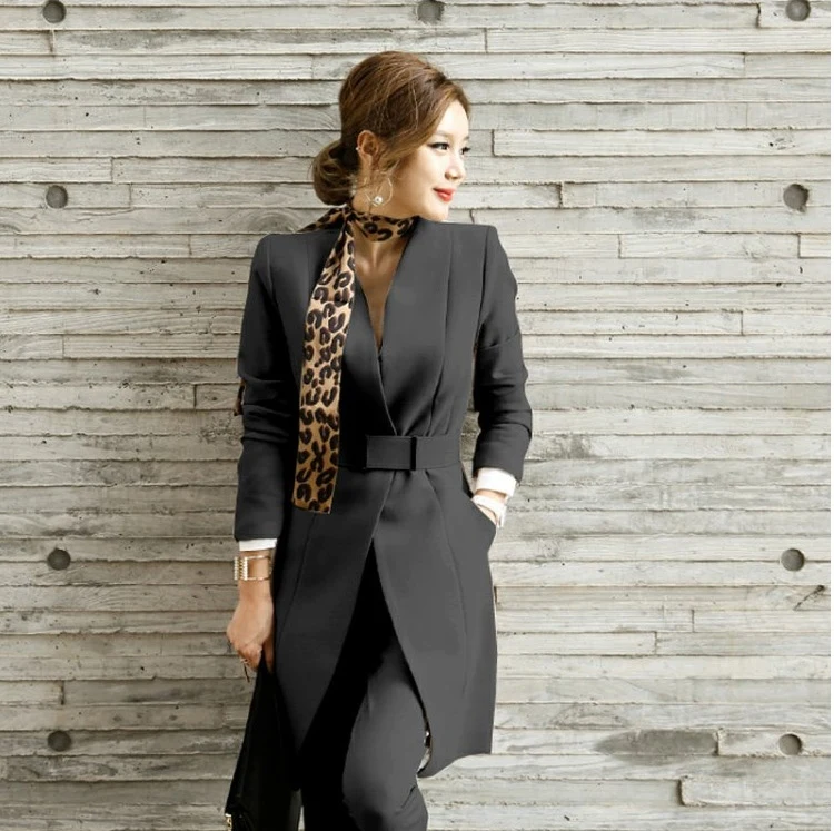 Obrix блейзер + брюки женский комплект с v образным вырезом длинным рукавом одной