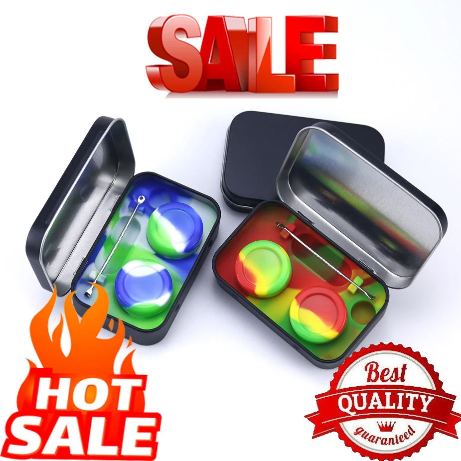 10ML Silicone Wax Oil Tin Set With Picker Tool Mini Round Container Stainless Steel Jars Portable Travel Kit