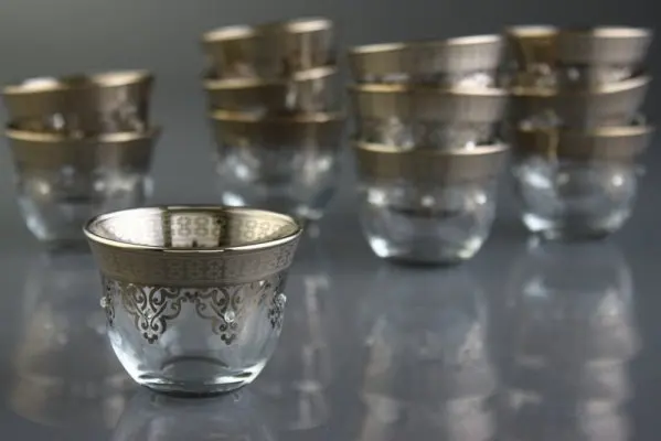 White Gold Plated Glass Arabic Coffee-Mirra Cups For Six Person