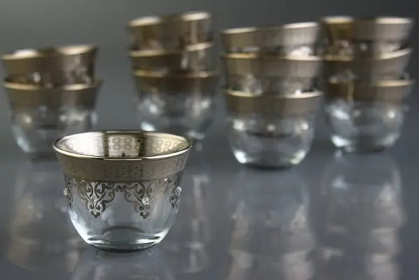 

White Gold Plated Glass Arabic Coffee-Mirra Cups For Six Person